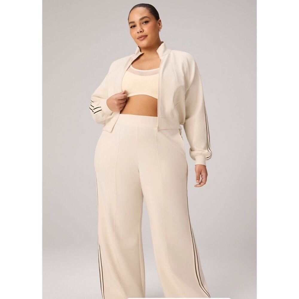 Fabletics Cream Wide-Leg Track Pants with Side Stripe